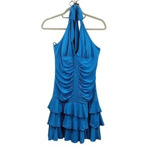 XOXO Collection Blue Ruched Halter Tiered Ruffle Dress Women's Size Medium NWT